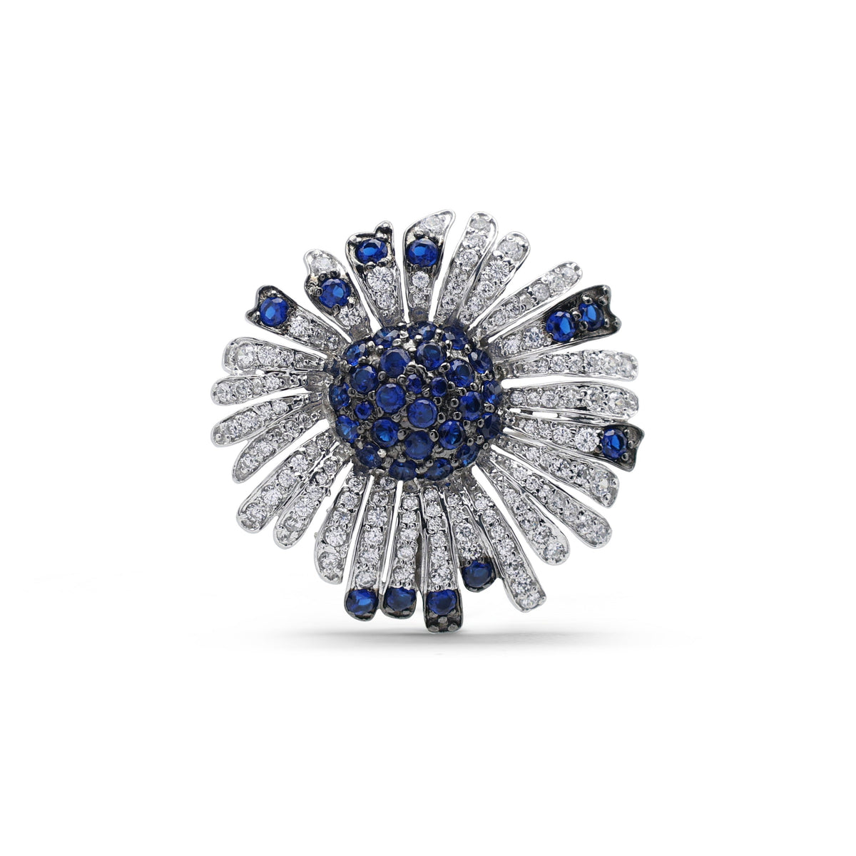 Statement Floral Sunburst Brooch with Laboratory-Grown Sapphire & Pavé CZ in 925 Sterling Silver