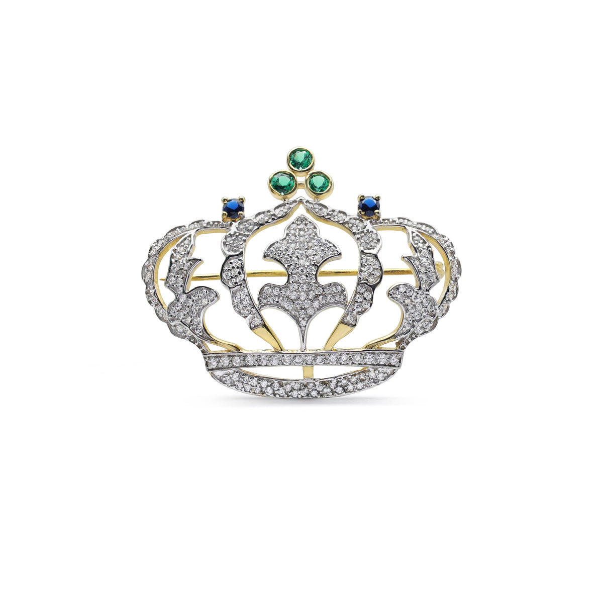 Regal Crown Brooch with Pavé CZ, Laboratory-Grown Emerald & Sapphire in Two-Tone 925 Sterling Silver