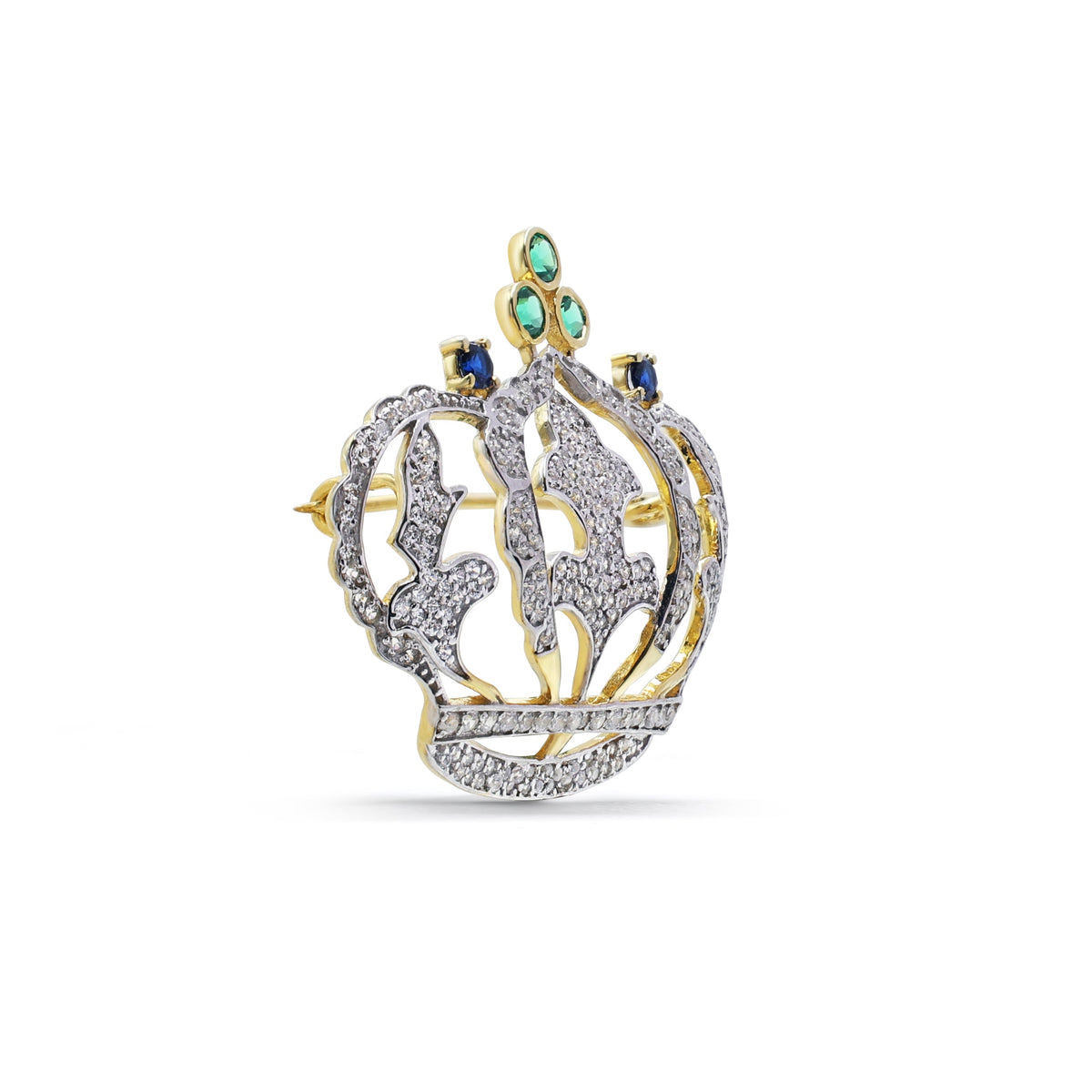 Regal Crown Brooch with Pavé CZ, Laboratory-Grown Emerald & Sapphire in Two-Tone 925 Sterling Silver
