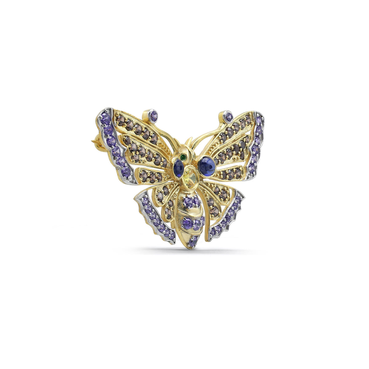 Artisan Multi-Gemstone Butterfly Brooch with Citrine, Amethyst & Iolite in Two-Tone 925 Sterling Silver