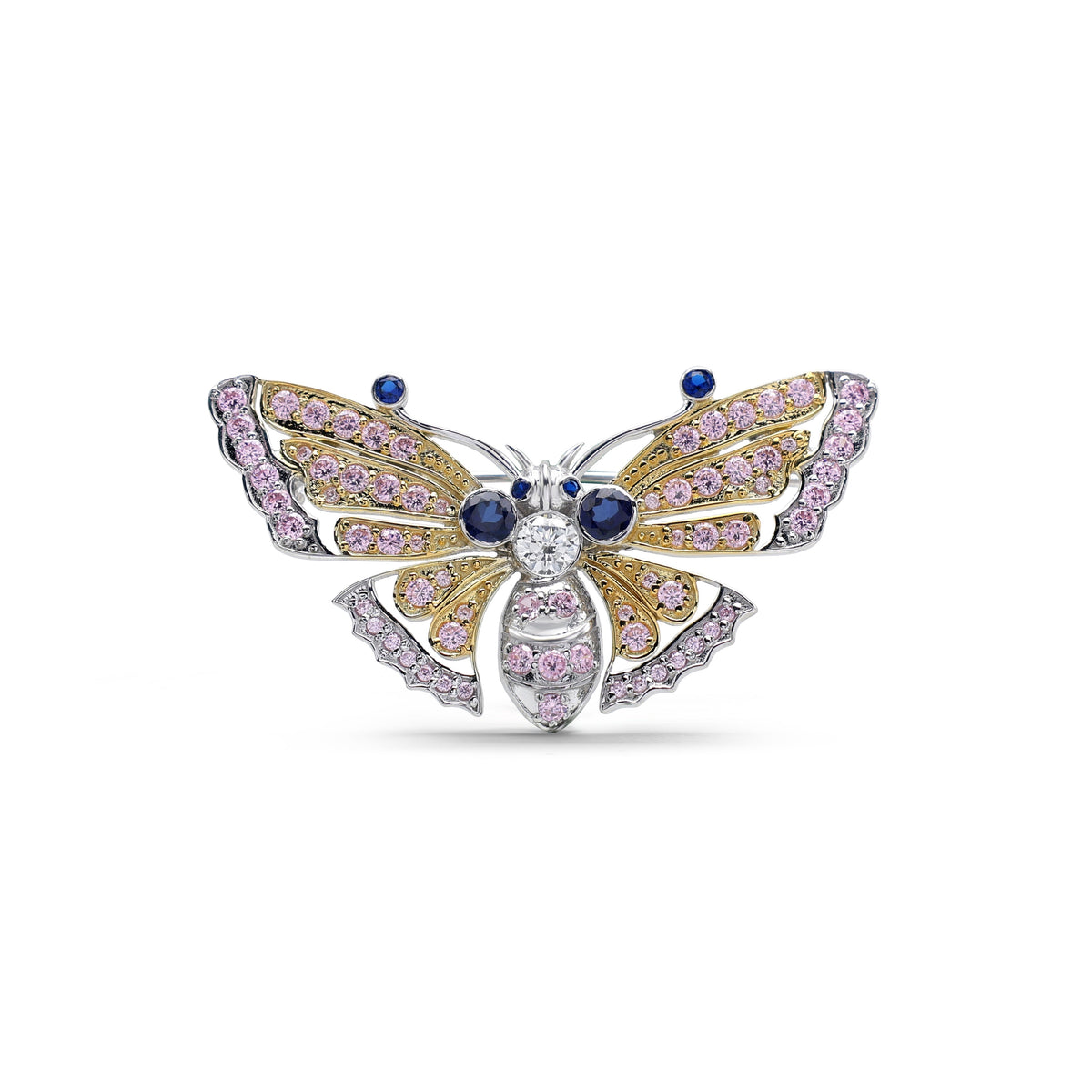 Sparkling Butterfly Brooch with Laboratory-Grown Pink & Blue Sapphire & CZ in Two-Tone 925 Sterling Silver