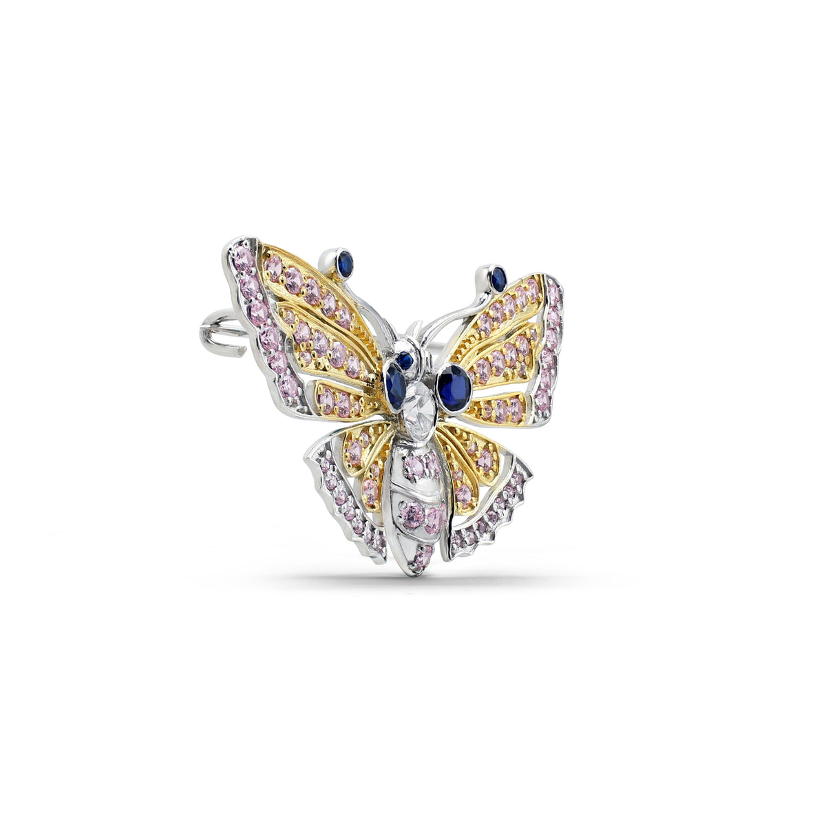Sparkling Butterfly Brooch with Laboratory-Grown Pink & Blue Sapphire & CZ in Two-Tone 925 Sterling Silver