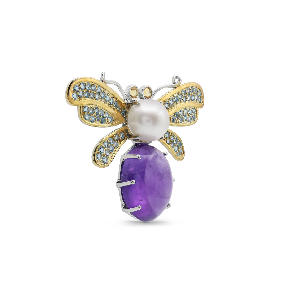Artisan Amethyst & Pearl Butterfly Brooch with Blue Topaz Wings in Two-Tone 925 Sterling Silver