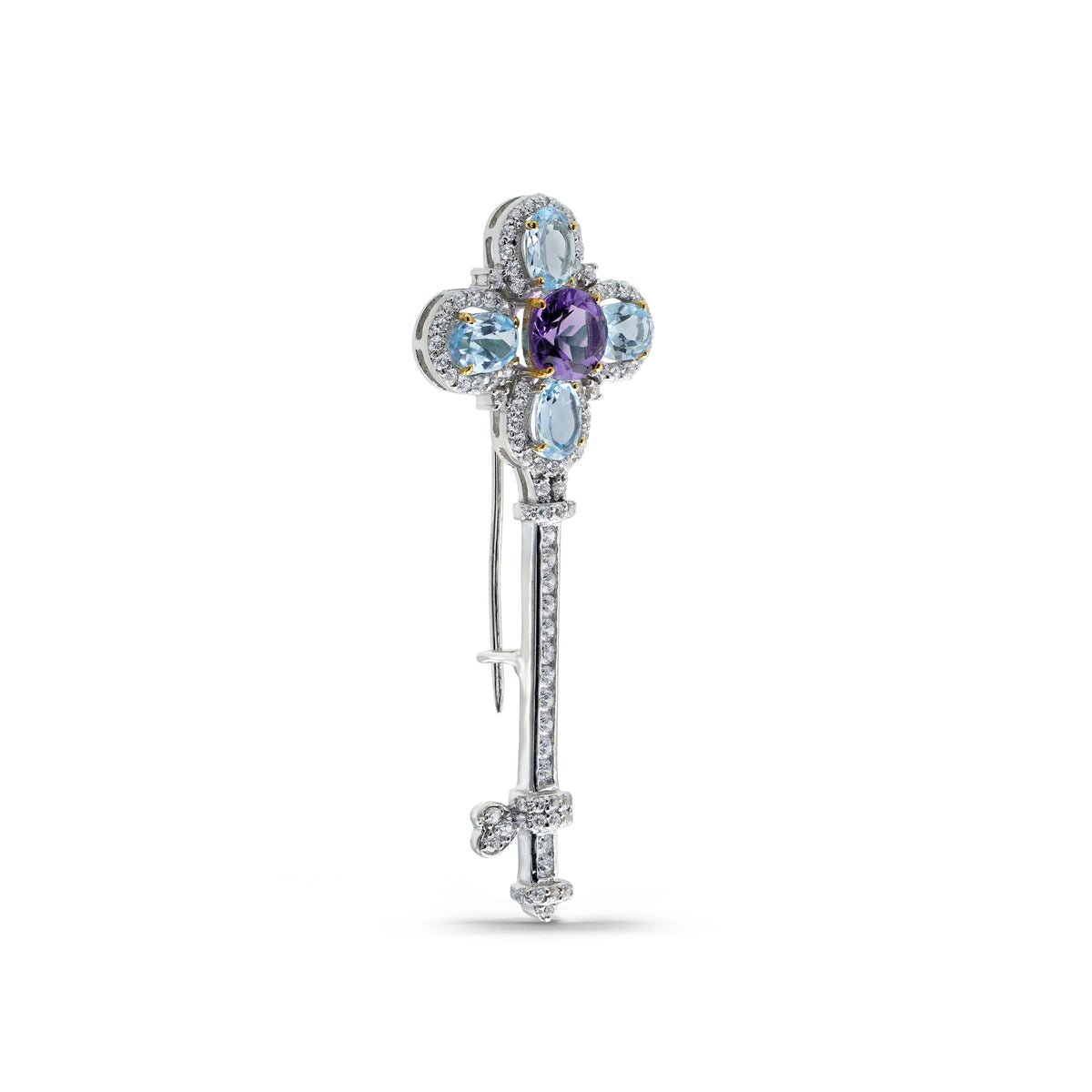 Regal Fleur-de-Lis Key Brooch with Amethyst, Blue Topaz & Pavé CZ in Two-Tone 925 Sterling Silver