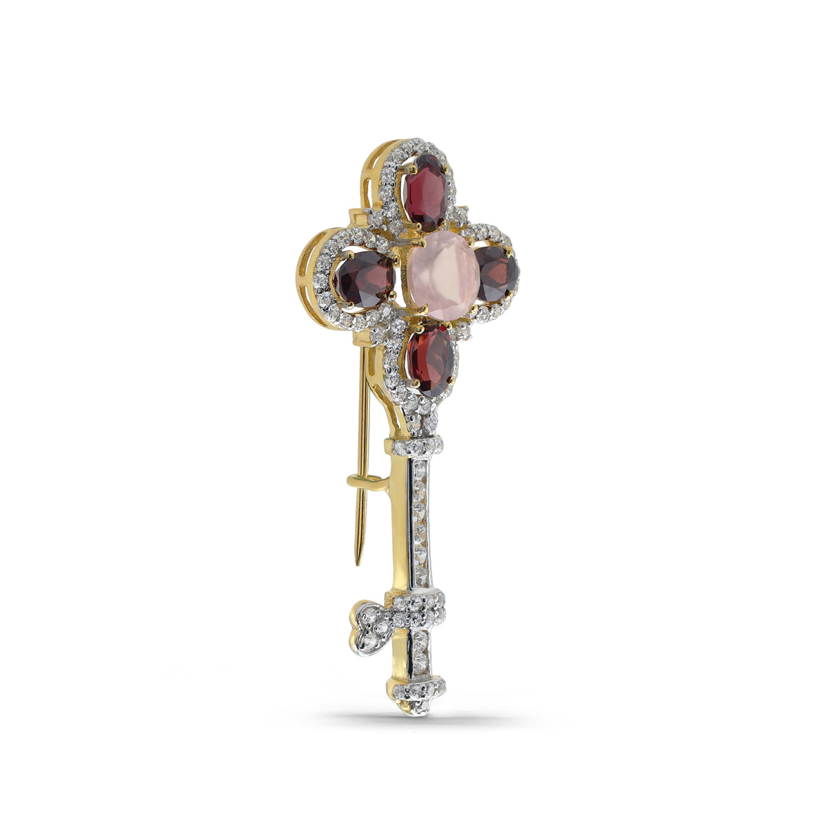 Regal Key Brooch with Rose Quartz, Garnet & Pavé CZ in Two-Tone 925 Sterling Silver