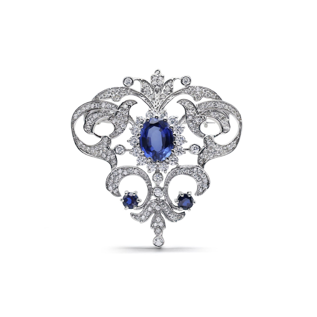 Vintage-Style Laboratory-Grown Sapphire & CZ Filigree Brooch in 925 Sterling Silver