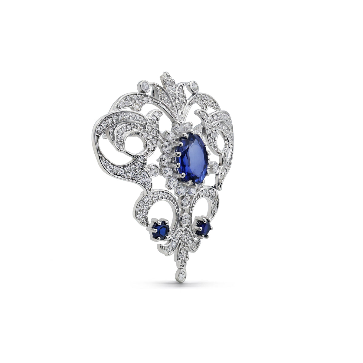 Vintage-Style Laboratory-Grown Sapphire & CZ Filigree Brooch in 925 Sterling Silver