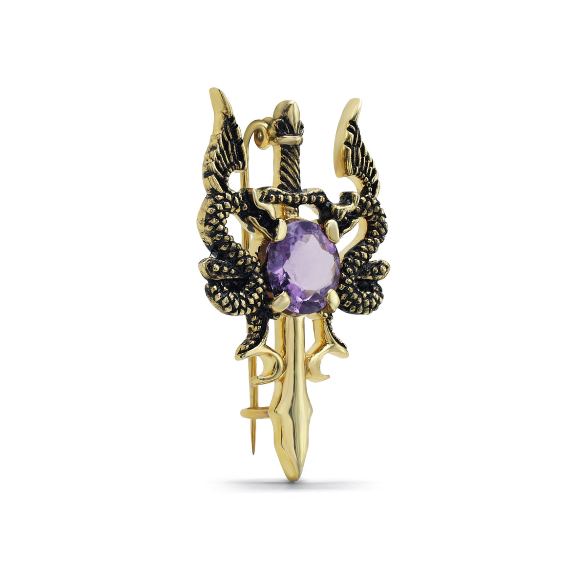 Gothic Dragon Sword Brooch with Round Amethyst in Two-Tone 925 Sterling Silver