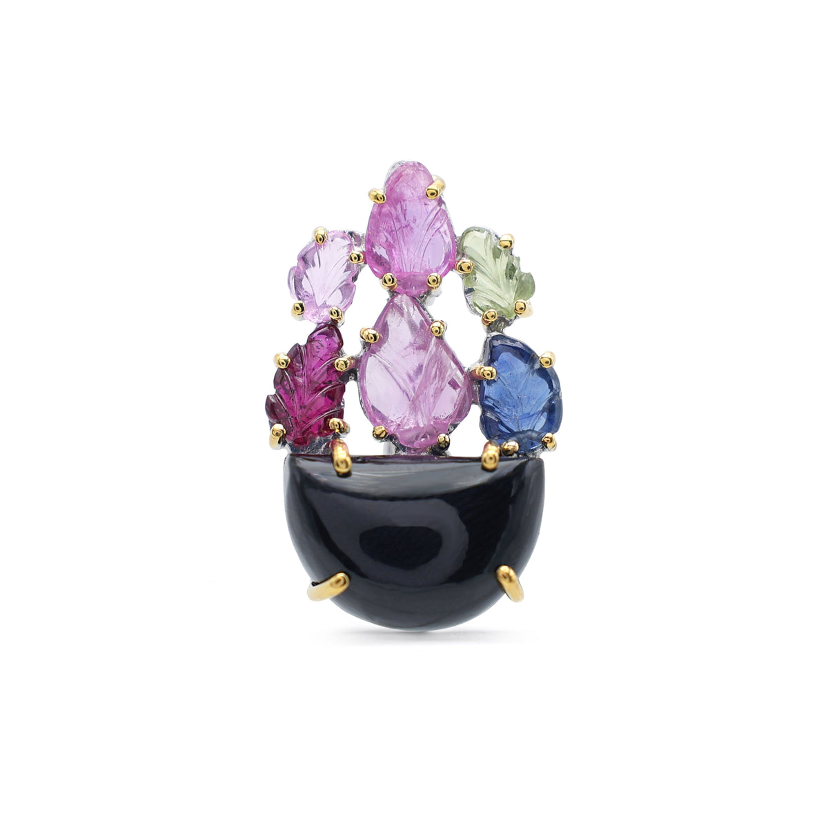 Artisan Carved Gemstone Vase Brooch with Black Onyx, Sapphire, Ruby & Emerald in Two-Tone Sterling Silver