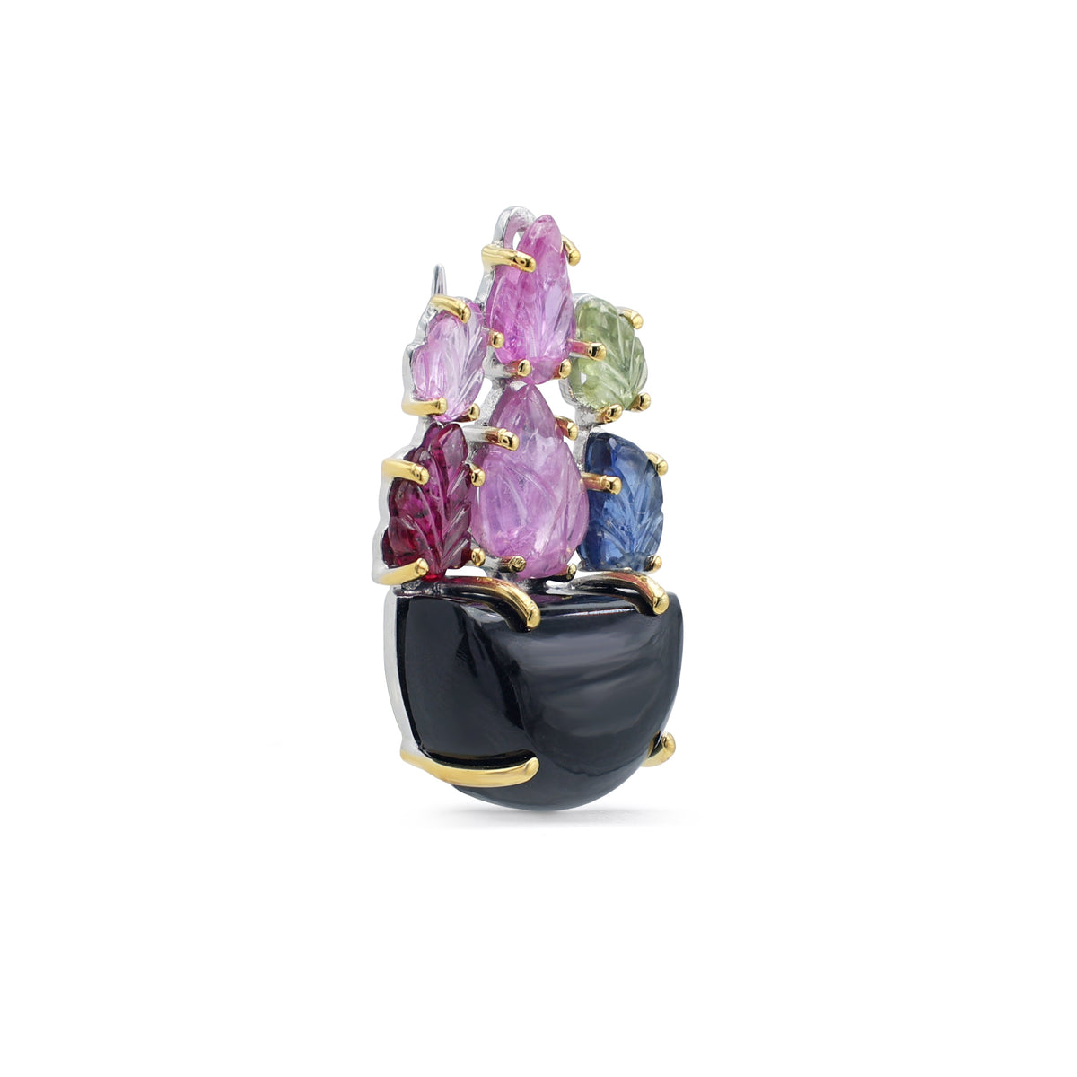 Artisan Carved Gemstone Vase Brooch with Black Onyx, Sapphire, Ruby & Emerald in Two-Tone Sterling Silver
