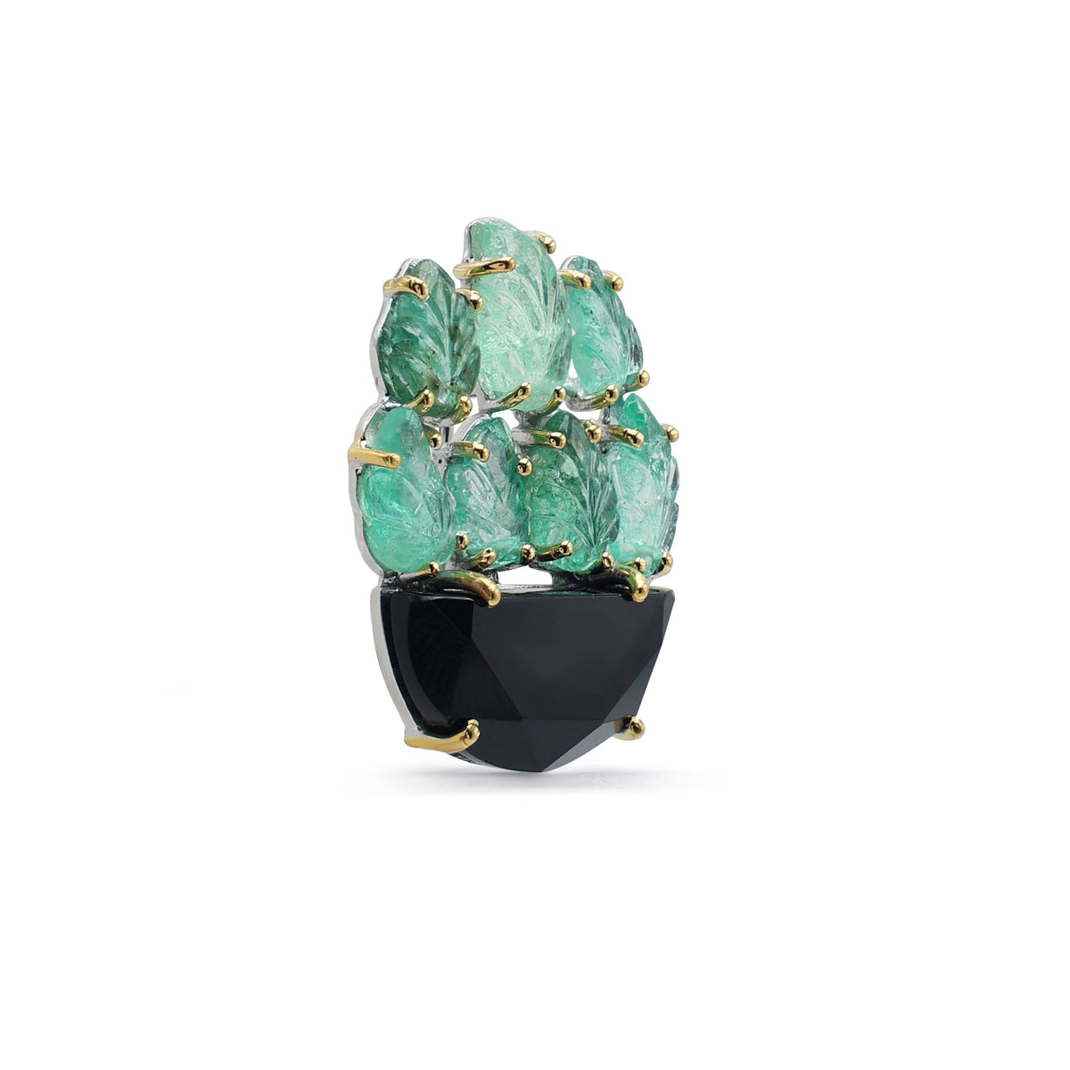 Artisan Carved Emerald Leaf & Black Onyx Vase Brooch in Two-Tone 925 Sterling Silver