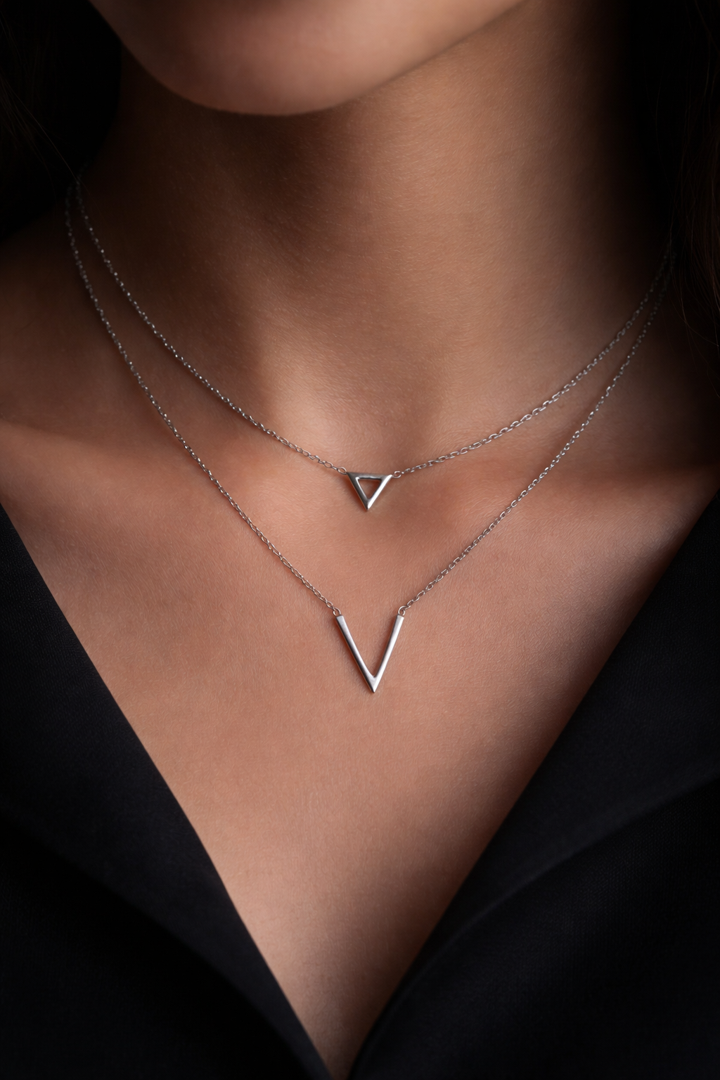 925 Sterling Silver Double Layer V-Shape Necklace Rhodium Plated