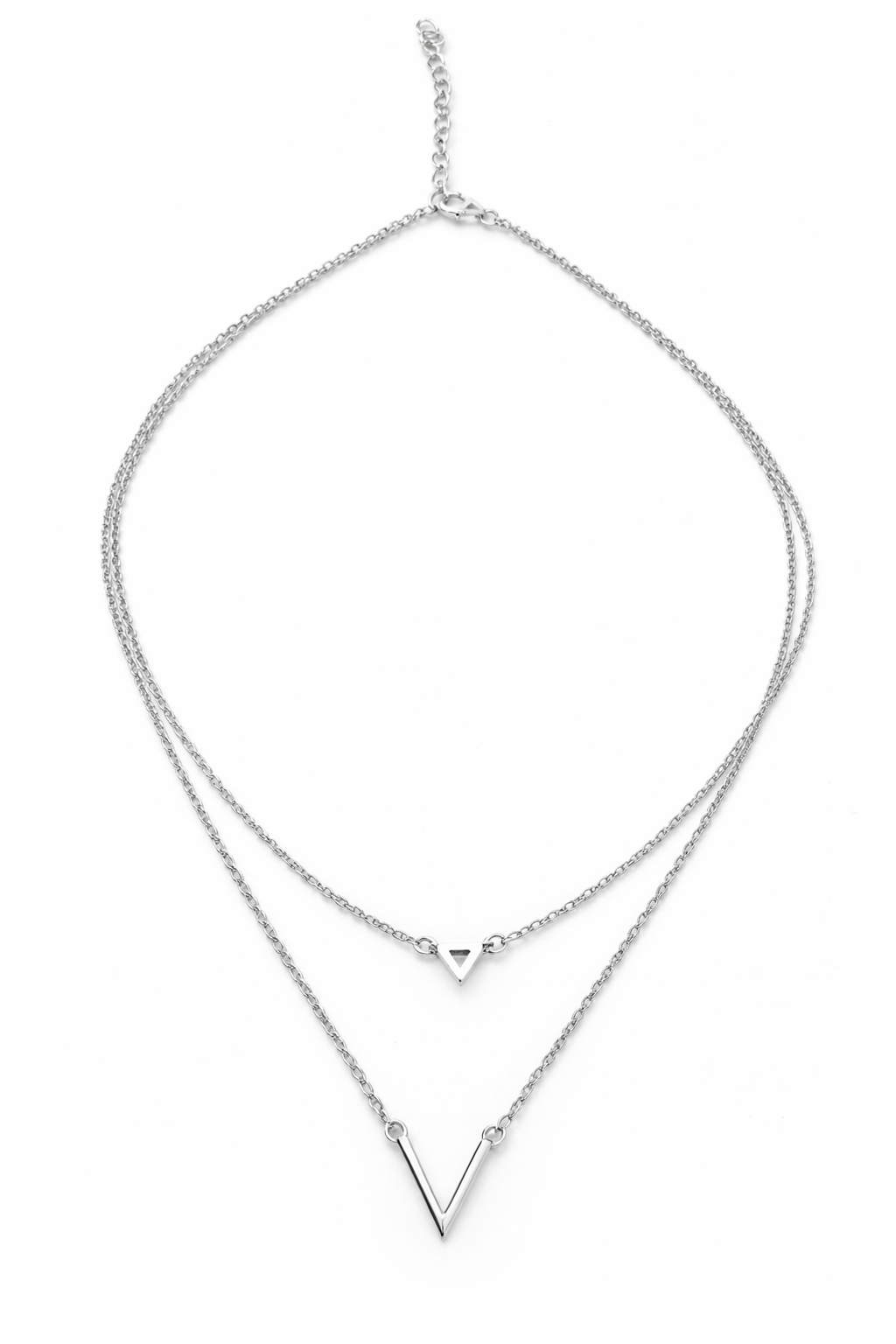 925 Sterling Silver Double Layer V-Shape Necklace Rhodium Plated