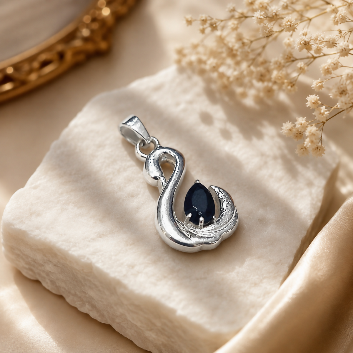 Black Onyx Swan Pendant in 925 Sterling Silver