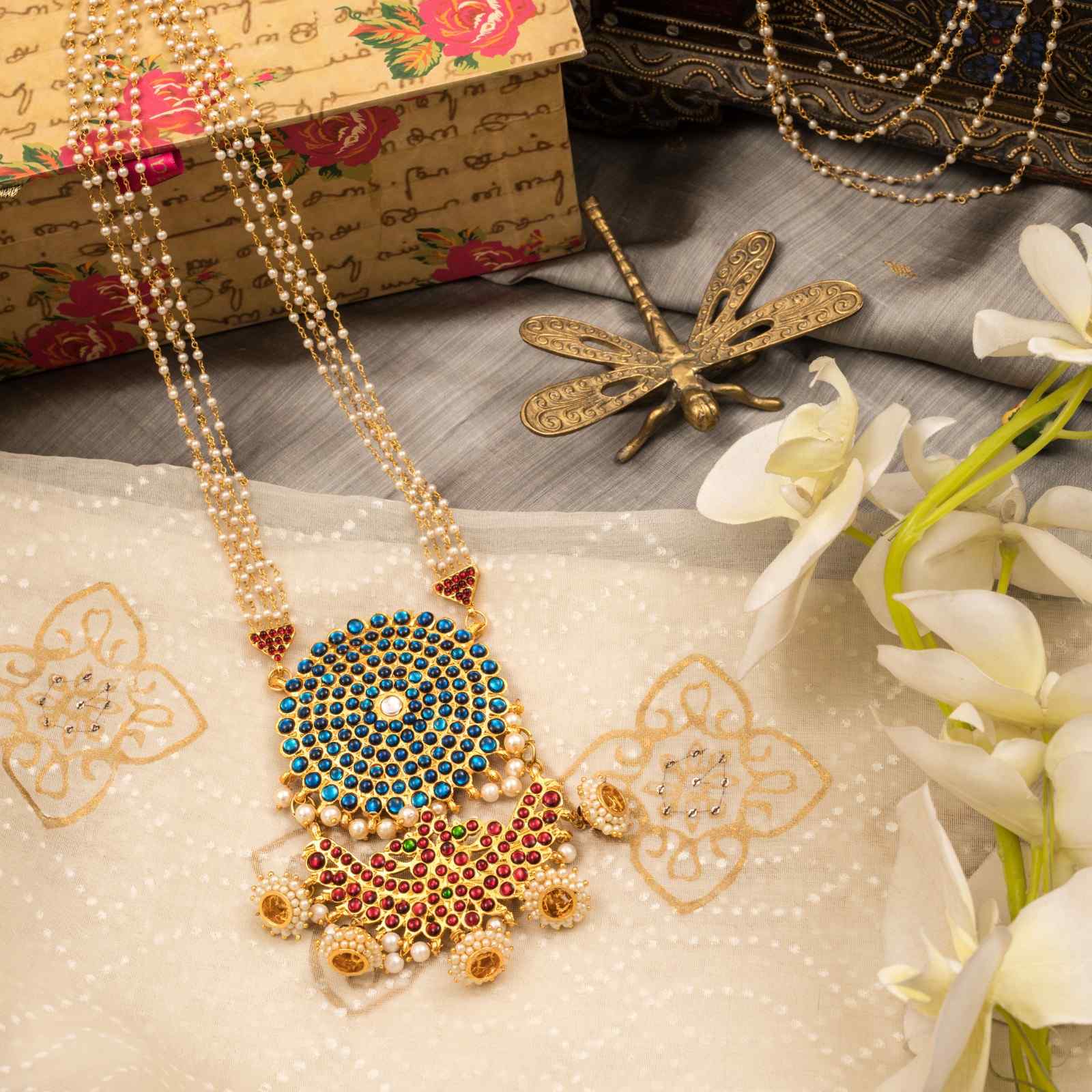 Floral Pearl Necklace with Blue Floral Pendant
