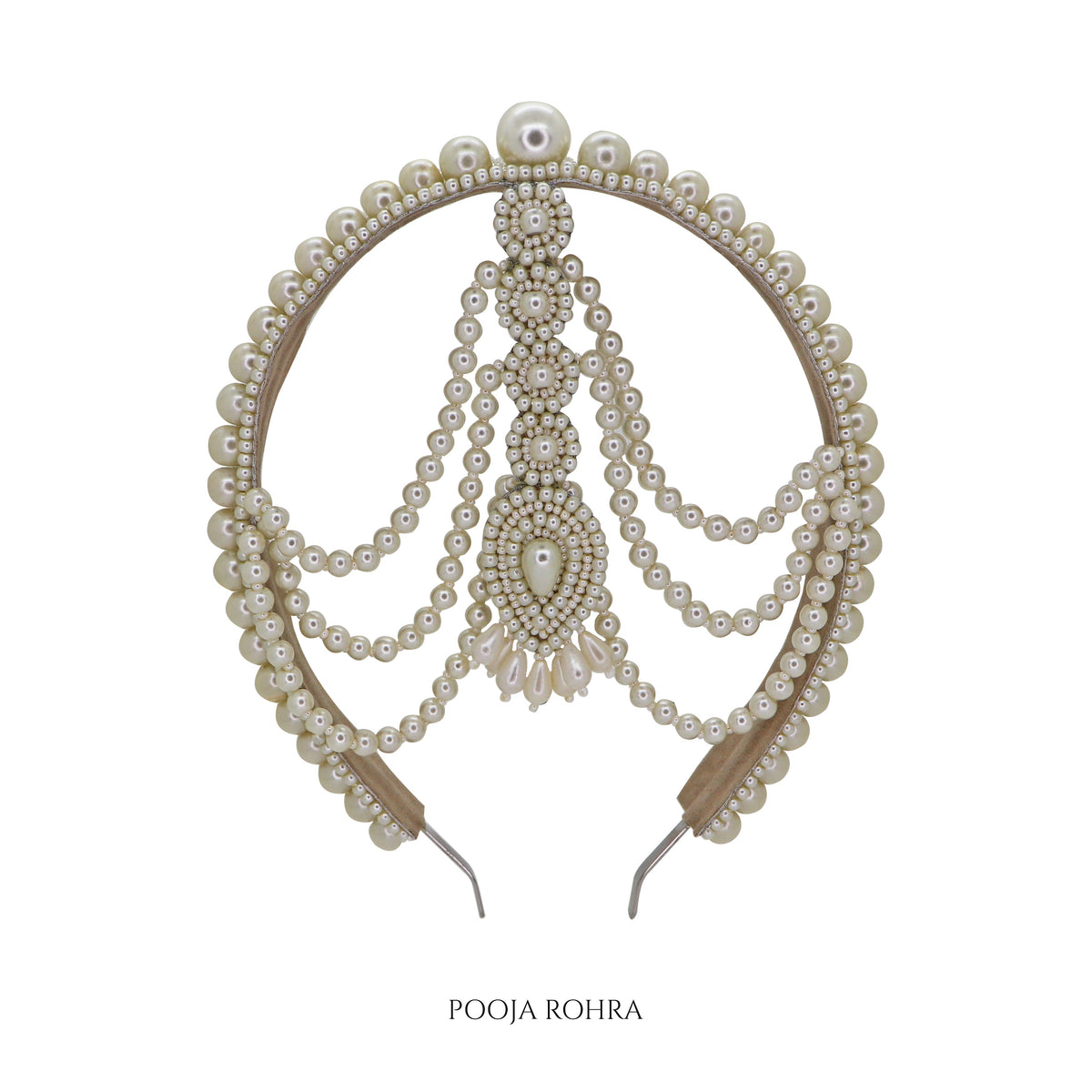 Halo Pearl Headband with Maangtika handcrafted by Label Pooja Rohra