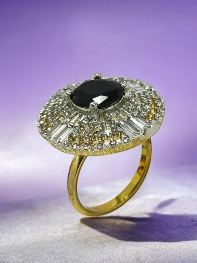 Astria Jewellery Gold Plated Black Oval Crystal Ring ??Premium Party & Wedding | Engagement & Promise Ring |18K Gold Plated Stainless Steel, Customizable
