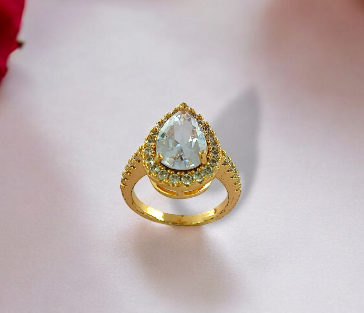 Astria Jewellery Gold Plated Pear Cut CZ Ring for Women ??Halo Solitaire Engagement & Promise Ring |18K Gold Plated Stainless Steel, Customizable