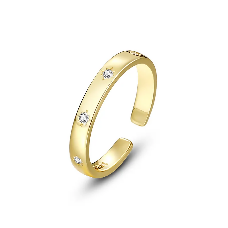 Gold Plated Star Cz Silver Band Ring, Zircon Adjustable Silver Ring For Women & Girls (Adjustable)