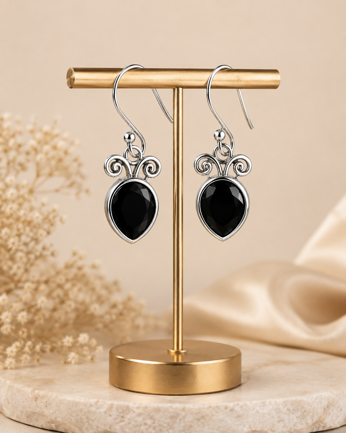 Natural Black Onyx Earrings | 925 Sterling Silver | Pear Drop Earrings