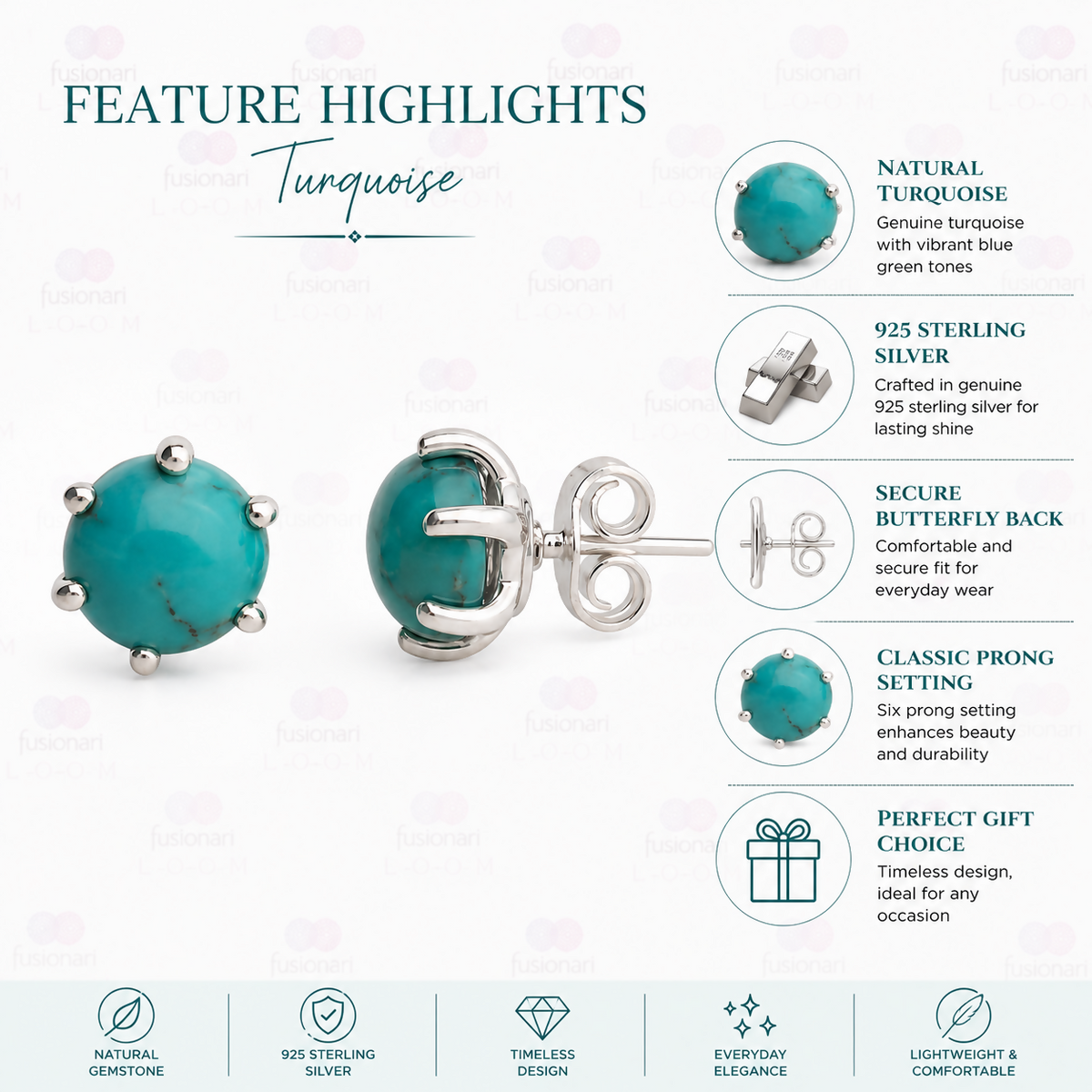 925 Sterling Silver Turquoise Eartops for Women | Natural Sky Blue Gemstone Stud Earrings | High Polish Jewelry