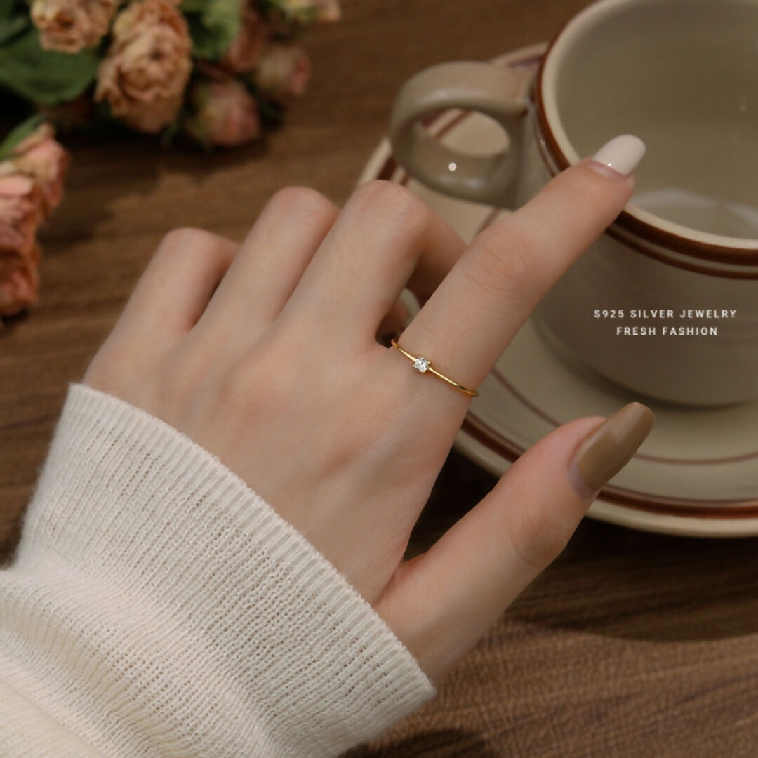 925 Sterling Silver Gold Plated Dainty Solitaire Ring I Adjustable Silver Rings For Women & Girls (Adjustable)