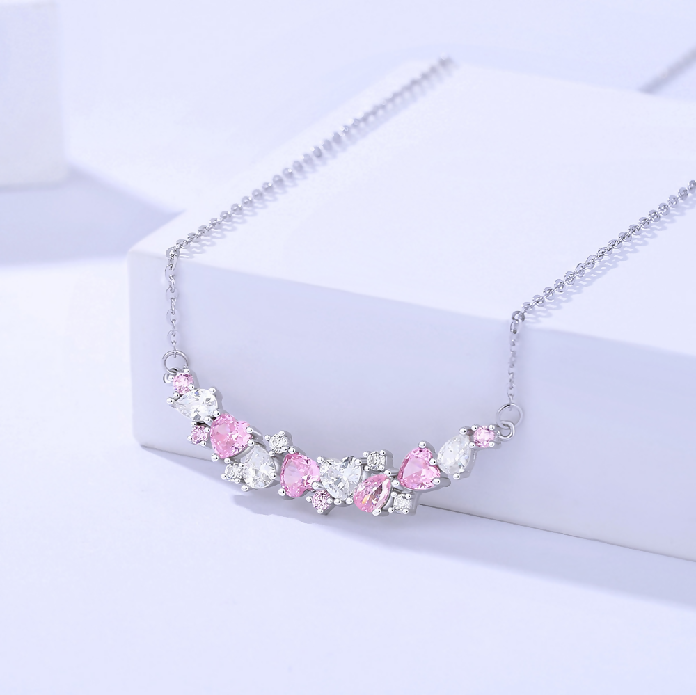 Pink Heart Princess Necklace In 925 Sterling Silver