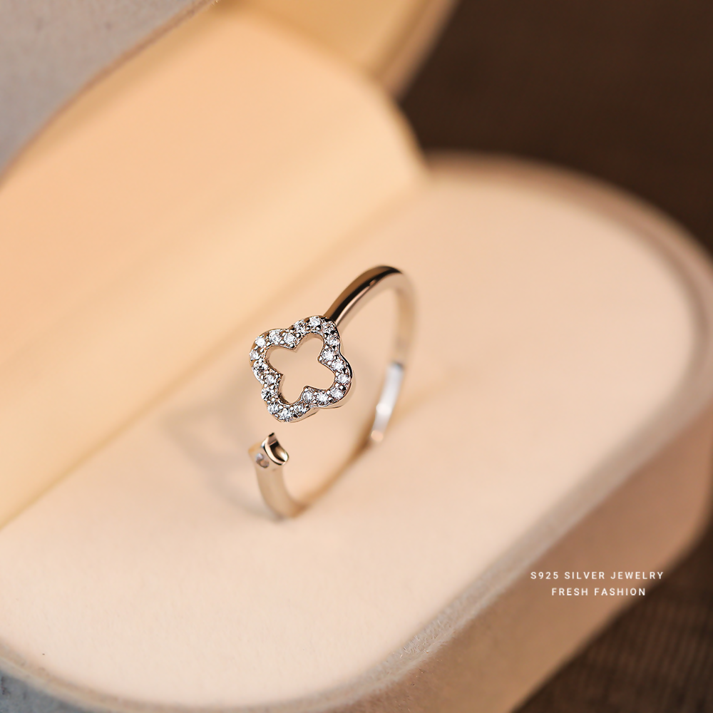 Brd Jewelry 925 Sterling Silver Clover Ring, Flower Adjustable Ring For Women & Girls