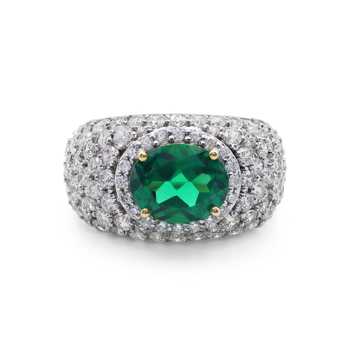Statement Laboratory-Grown Emerald & Pavé Cubic Zirconia Bombé Ring in Two-Tone 925 Sterling Silver