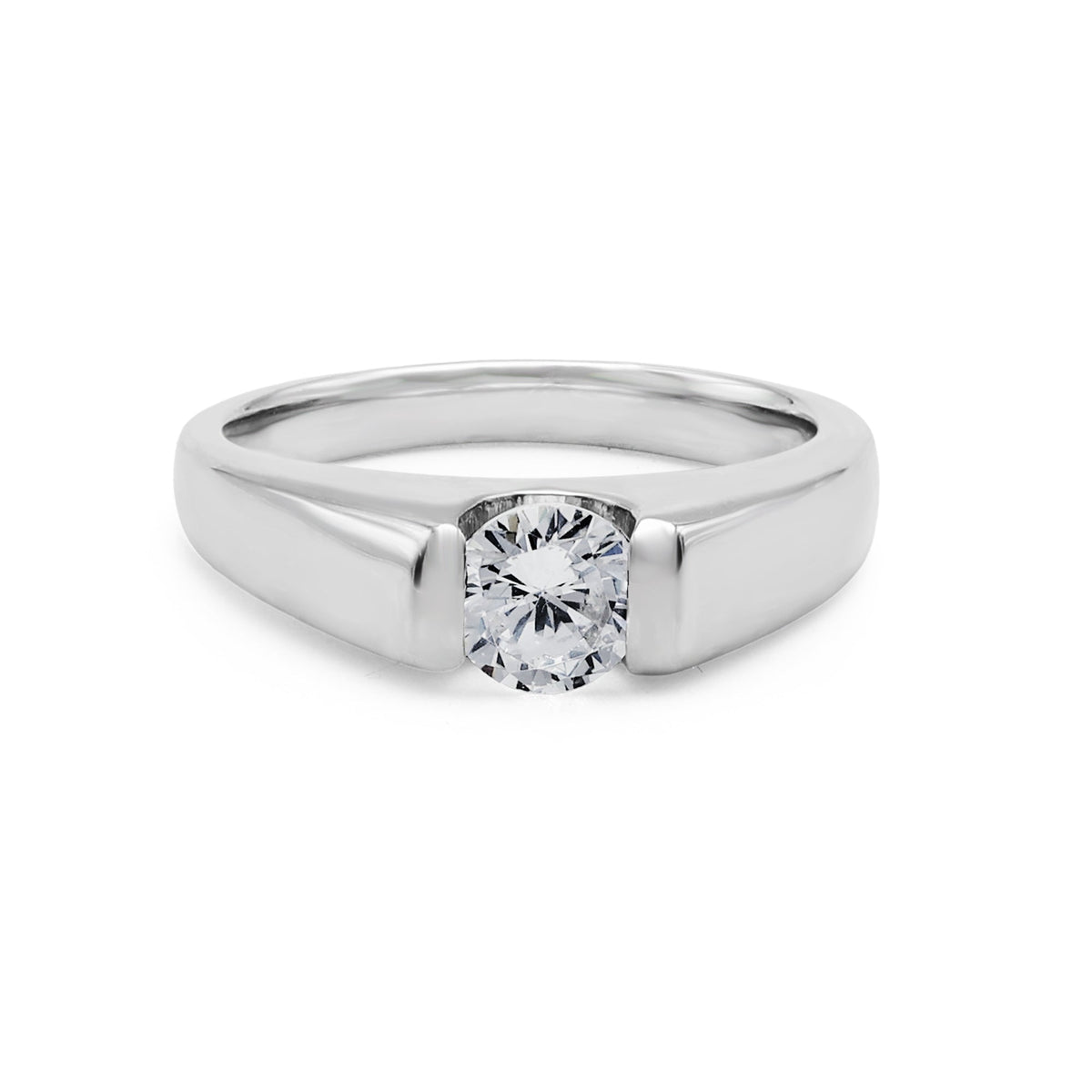 Modern Half-Bezel Cubic Zirconia Solitaire Ring in Sleek 925 Sterling Silver