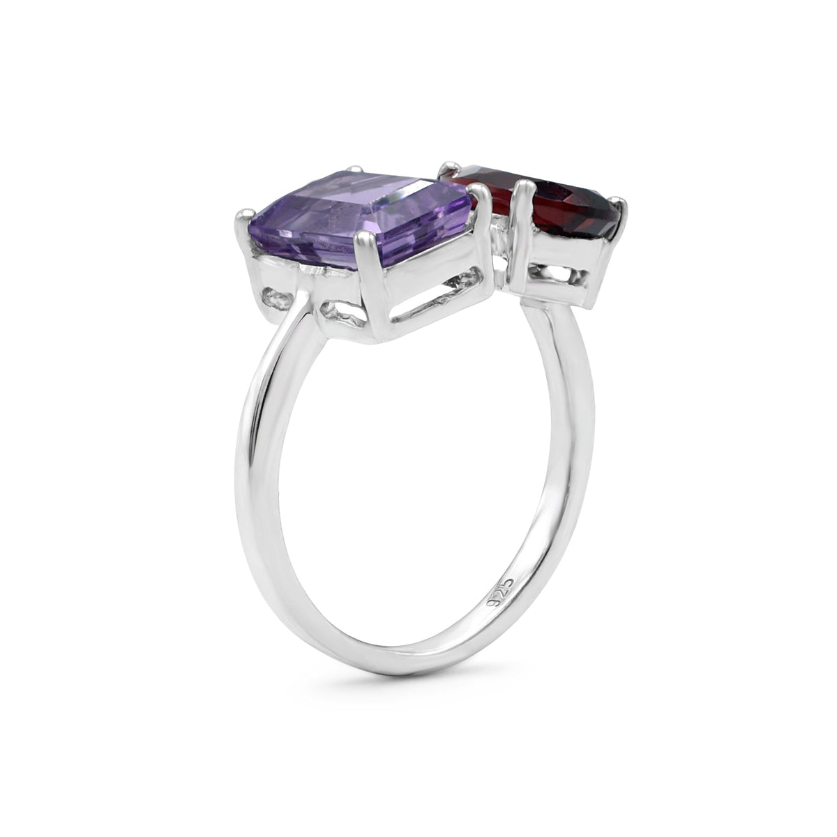 Toi et Moi Statement Ring with Emerald-Cut Amethyst & Pear-Cut Garnet in 925 Sterling Silver