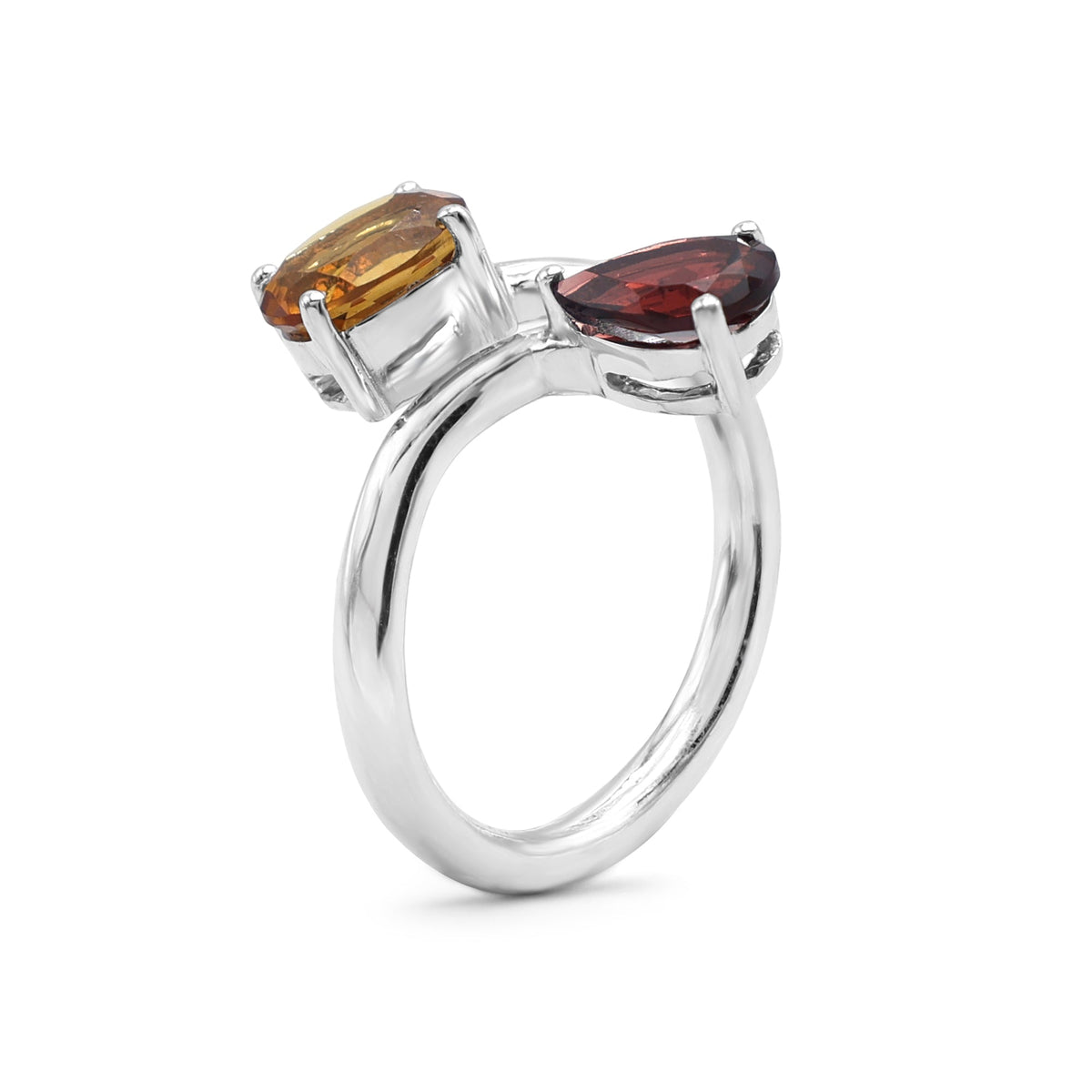 Toi et Moi Bypass Ring with Pear-Cut Garnet & Oval-Cut Citrine in 925 Sterling Silver
