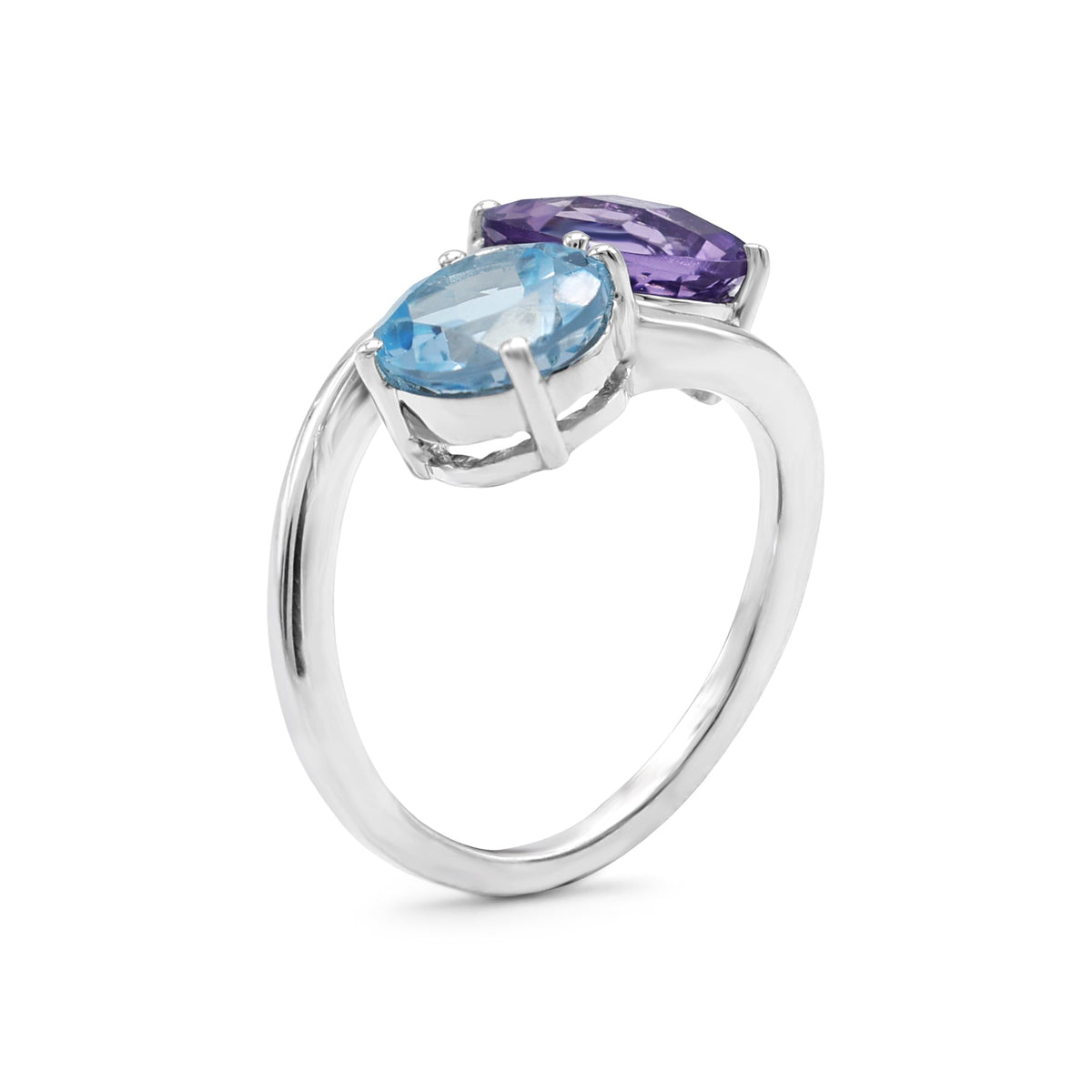 Toi et Moi Bypass Ring with Oval Amethyst & Blue Topaz in 925 Sterling Silver