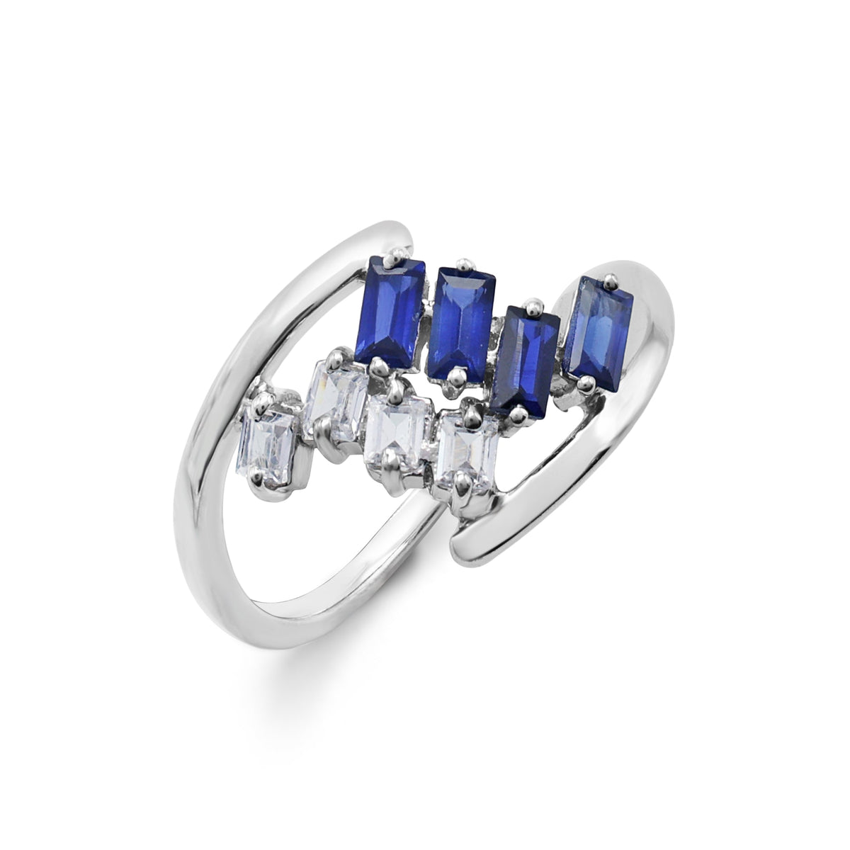 Contemporary Two-Row Baguette Ring with Laboratory-Grown Blue Sapphire & CZ in Sterling Silver