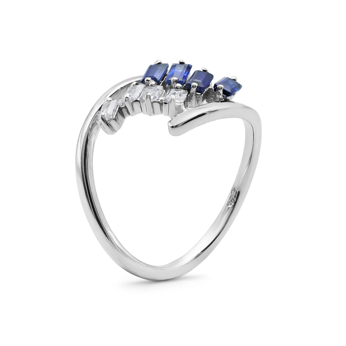 Contemporary Two-Row Baguette Ring with Laboratory-Grown Blue Sapphire & CZ in Sterling Silver