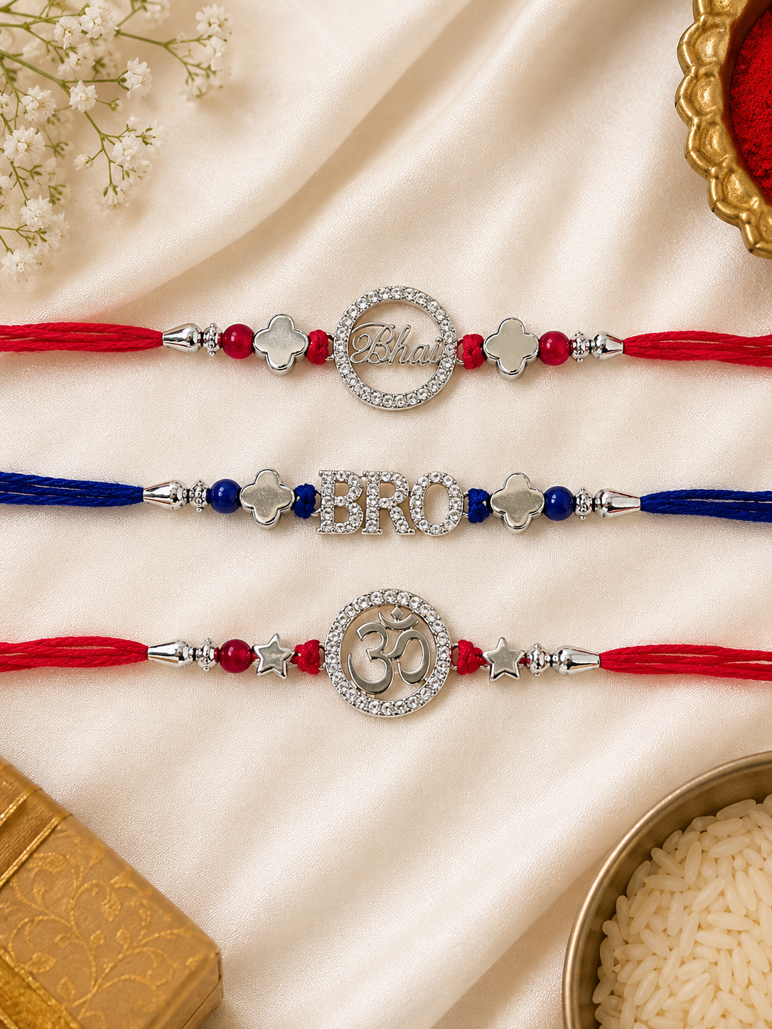925 Silver Rhodium Plated Designer Rakhi Combo (Set of 3)