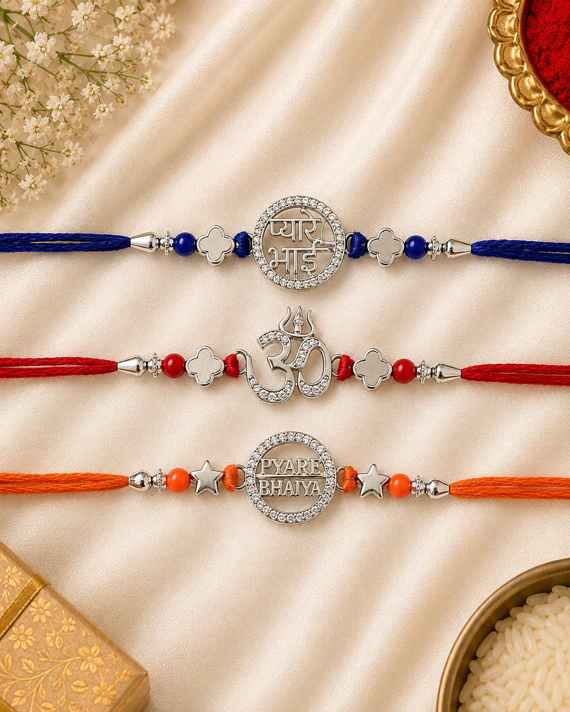 925 Silver Rhodium Plated Premium Rakhi Combo (Set of 3)