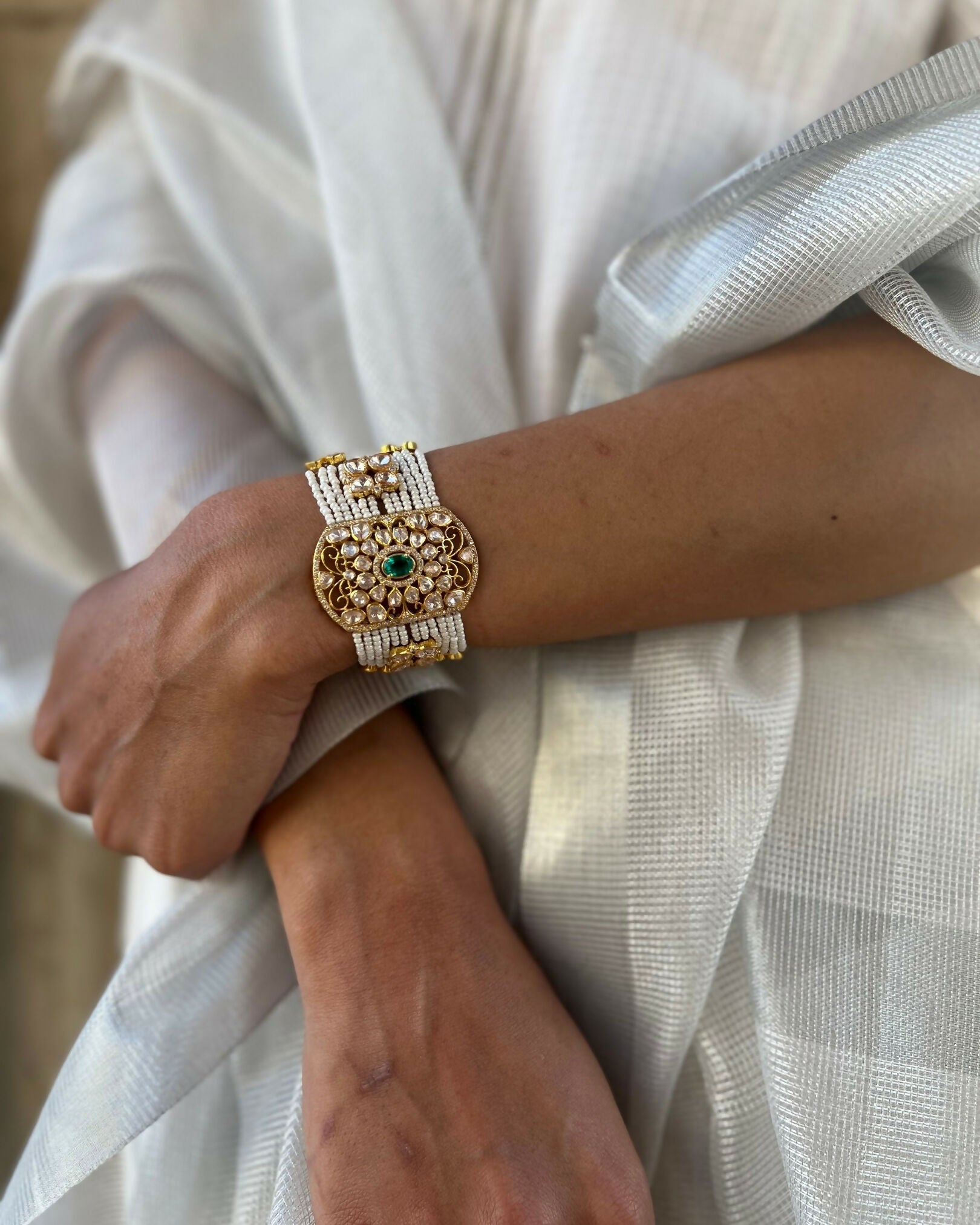 Moisaanite Polki and Pearl Bracelet