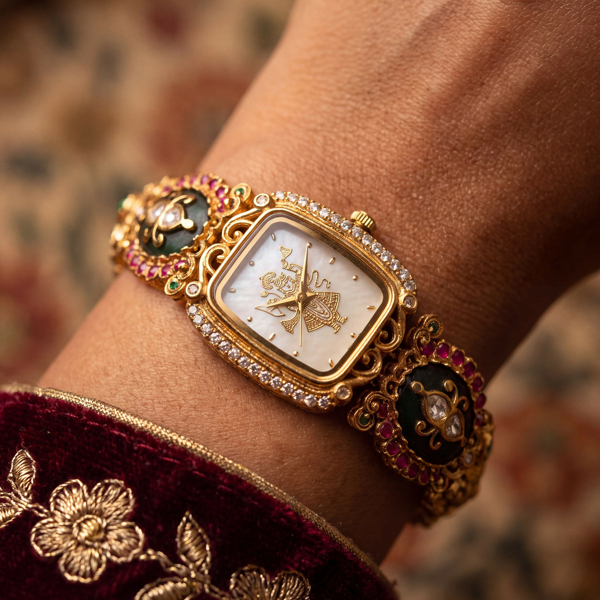 Antique Gold Deity Dial CZ Cushion Emerald Cabochon Temple Bracelet Watch for Women & Girls | Stylish Watch | Wrist Watches for Girls | Ideal for gifting | Gift for Diwali, Christmas, Marriage, Birthday, anniversary, wedding
