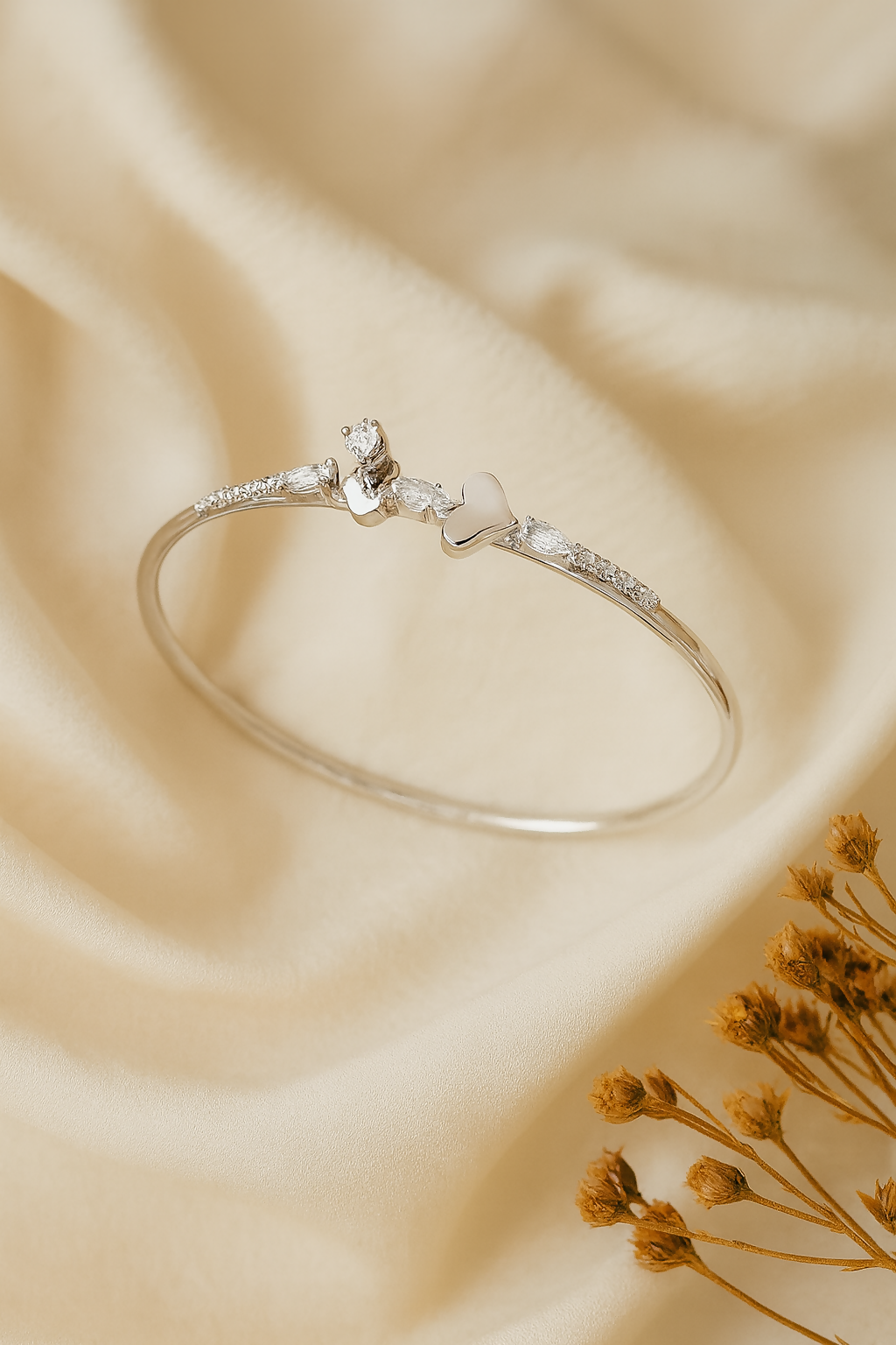 Anuradha Art jewellery trendy silver-finish heart design with shimmering white stone stud cuff bracelet, Kada bracelet for women and girls.