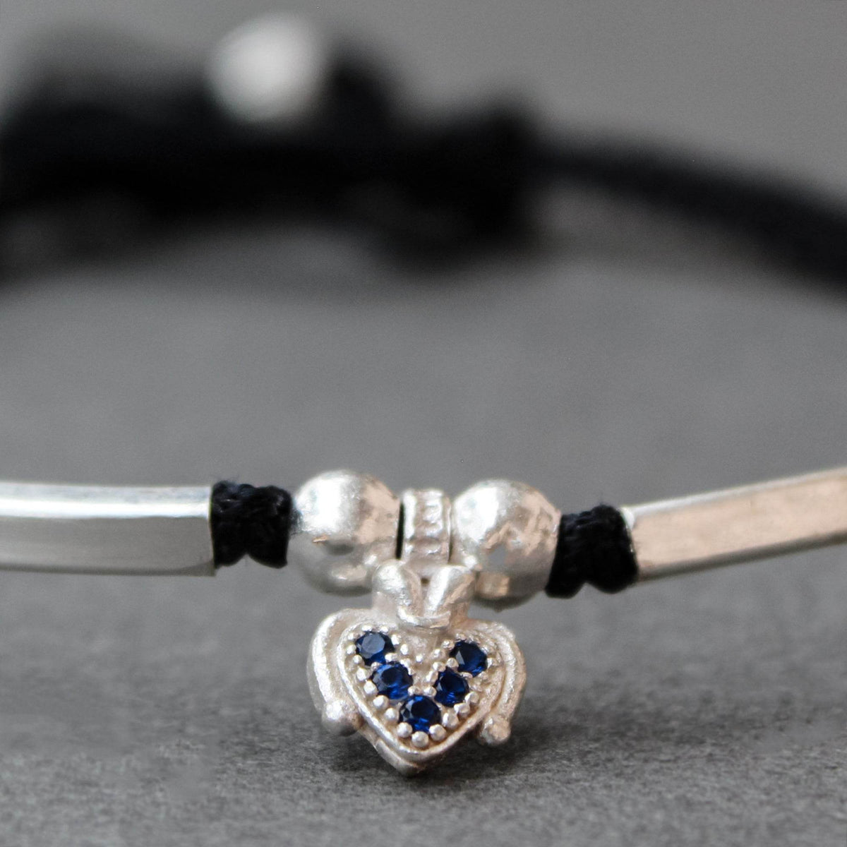 925 Sterling Silver Adjustable Anklet with Black Cord and Heart Charm - BeAbhika.com