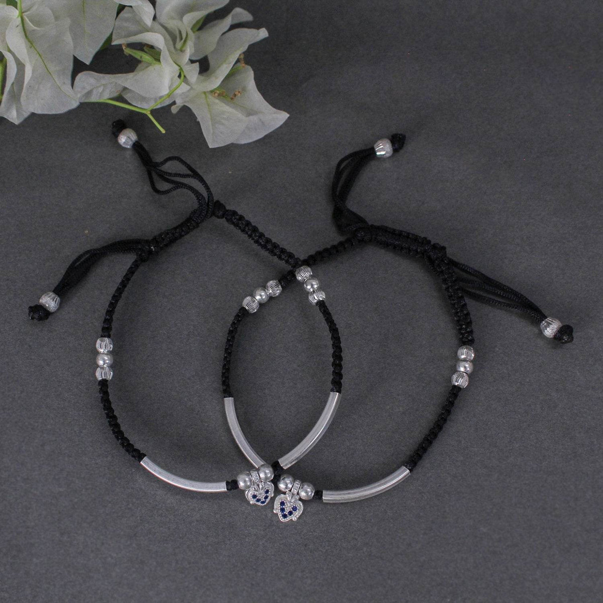925 Sterling Silver Adjustable Anklet with Black Cord and Heart Charm - BeAbhika.com