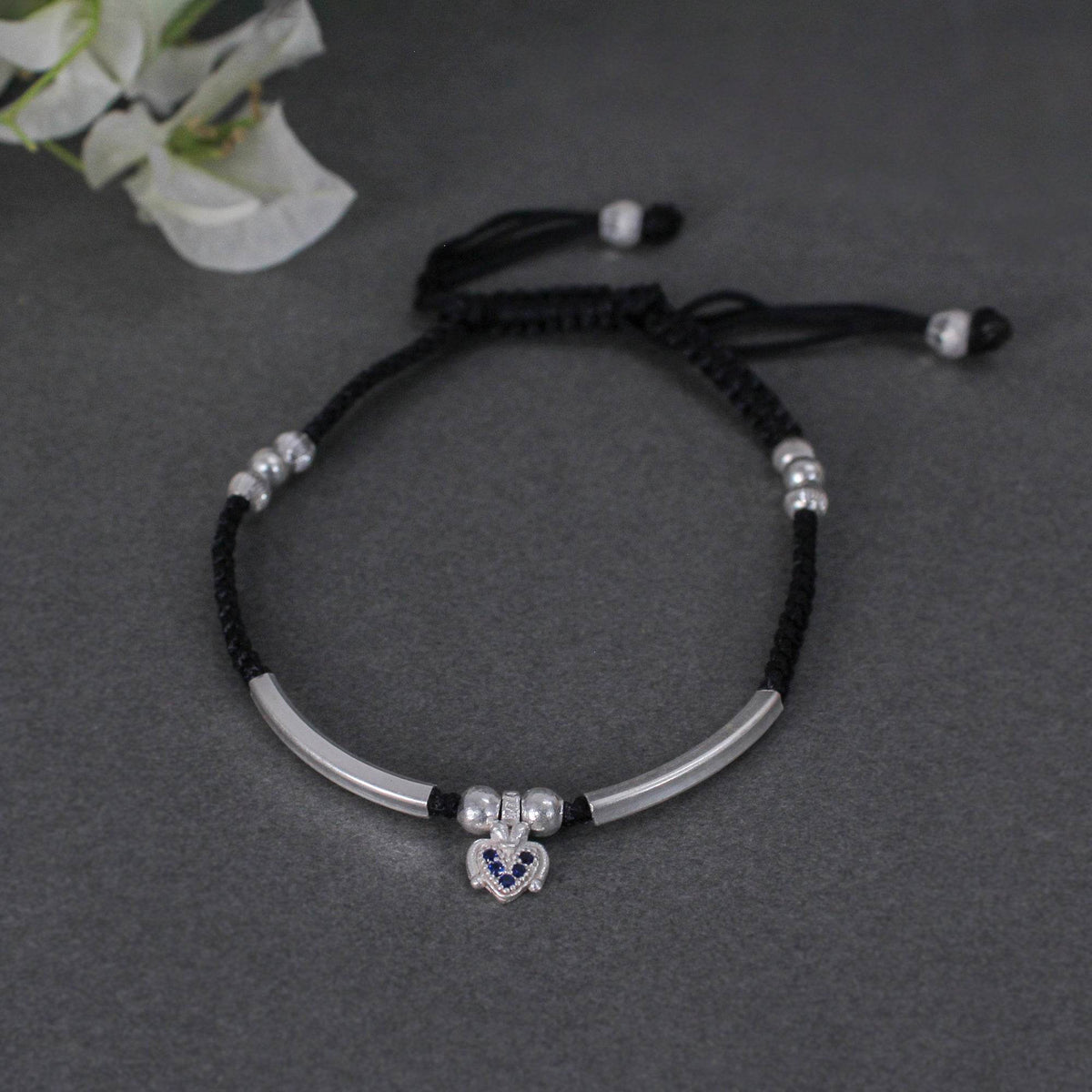 925 Sterling Silver Adjustable Anklet with Black Cord and Heart Charm - BeAbhika.com