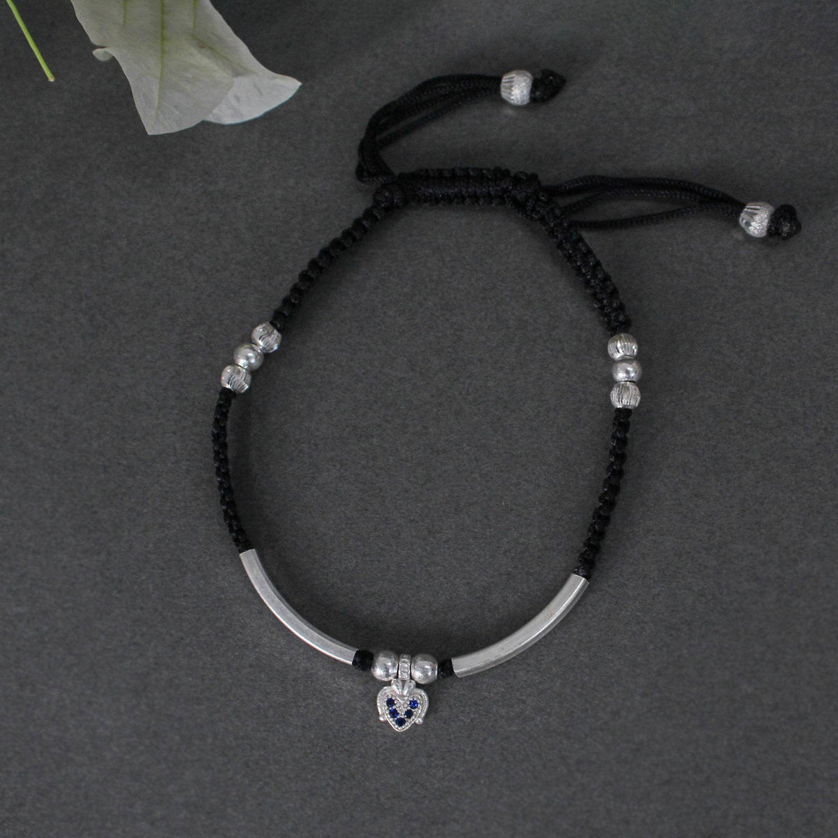 925 Sterling Silver Adjustable Anklet with Black Cord and Heart Charm - BeAbhika.com