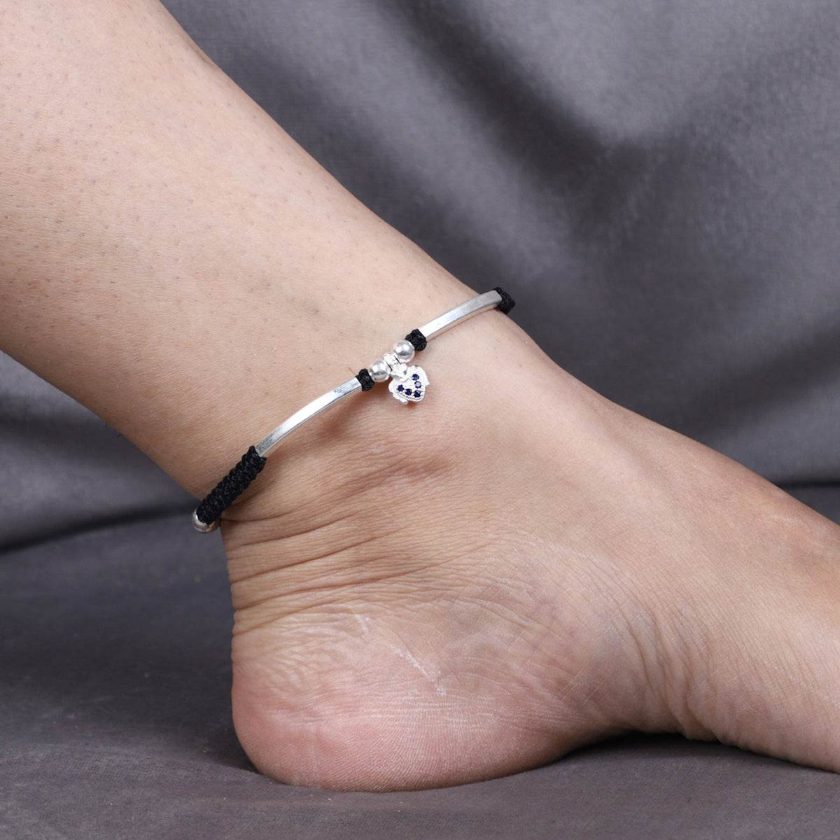 925 Sterling Silver Adjustable Anklet with Black Cord and Heart Charm - BeAbhika.com