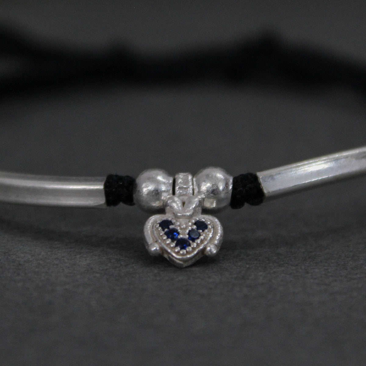 925 Sterling Silver Adjustable Anklet with Black Cord and Heart Charm - BeAbhika.com