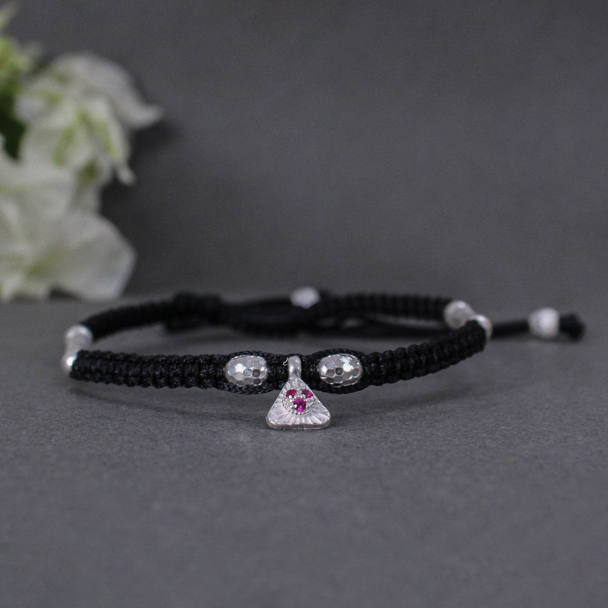 925 Silver Adjustable Anklet with Beaded Cord and Ruby Pendant - BeAbhika.com