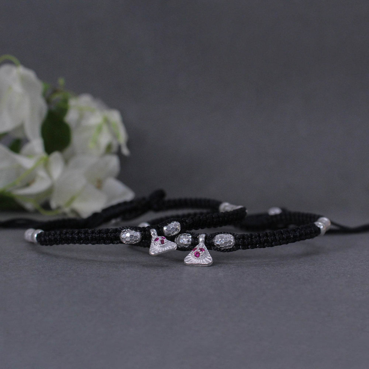 925 Silver Adjustable Anklet with Beaded Cord and Ruby Pendant - BeAbhika.com