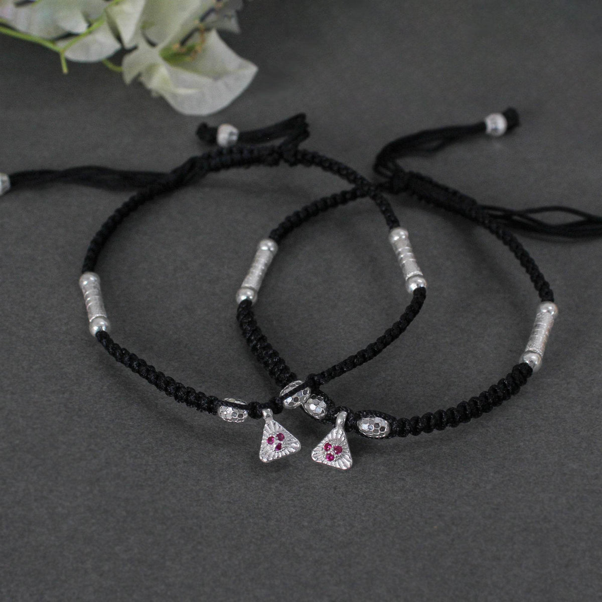 925 Silver Adjustable Anklet with Beaded Cord and Ruby Pendant - BeAbhika.com