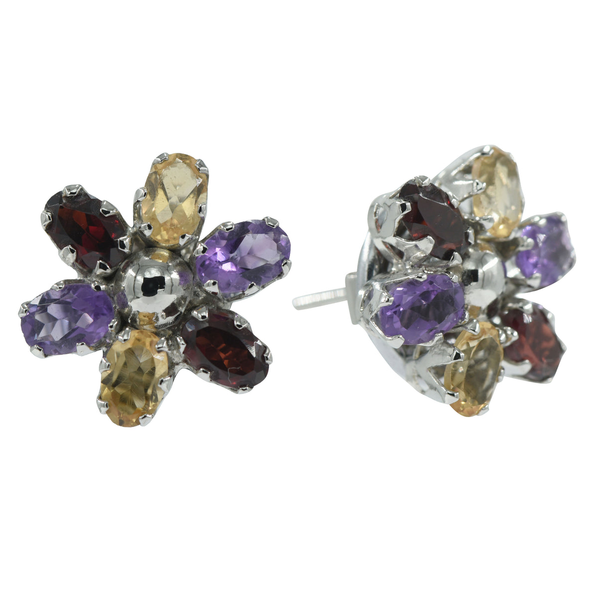 925 Sterling Silver Multistone Eartops for Women | Multicolor Gemstone Stud Earrings | Rhodium Finish Silver Jewelry